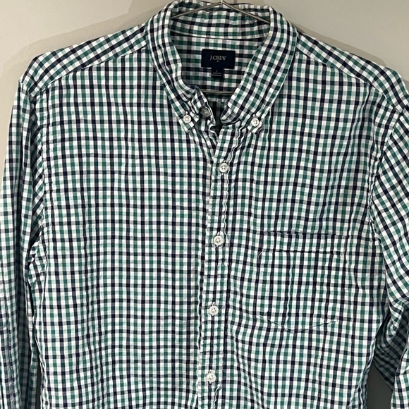 Men’s J. Crew Large Navy Gingham Soft Cotton Button Front Casual Summer Shirt - Picture 2 of 8
